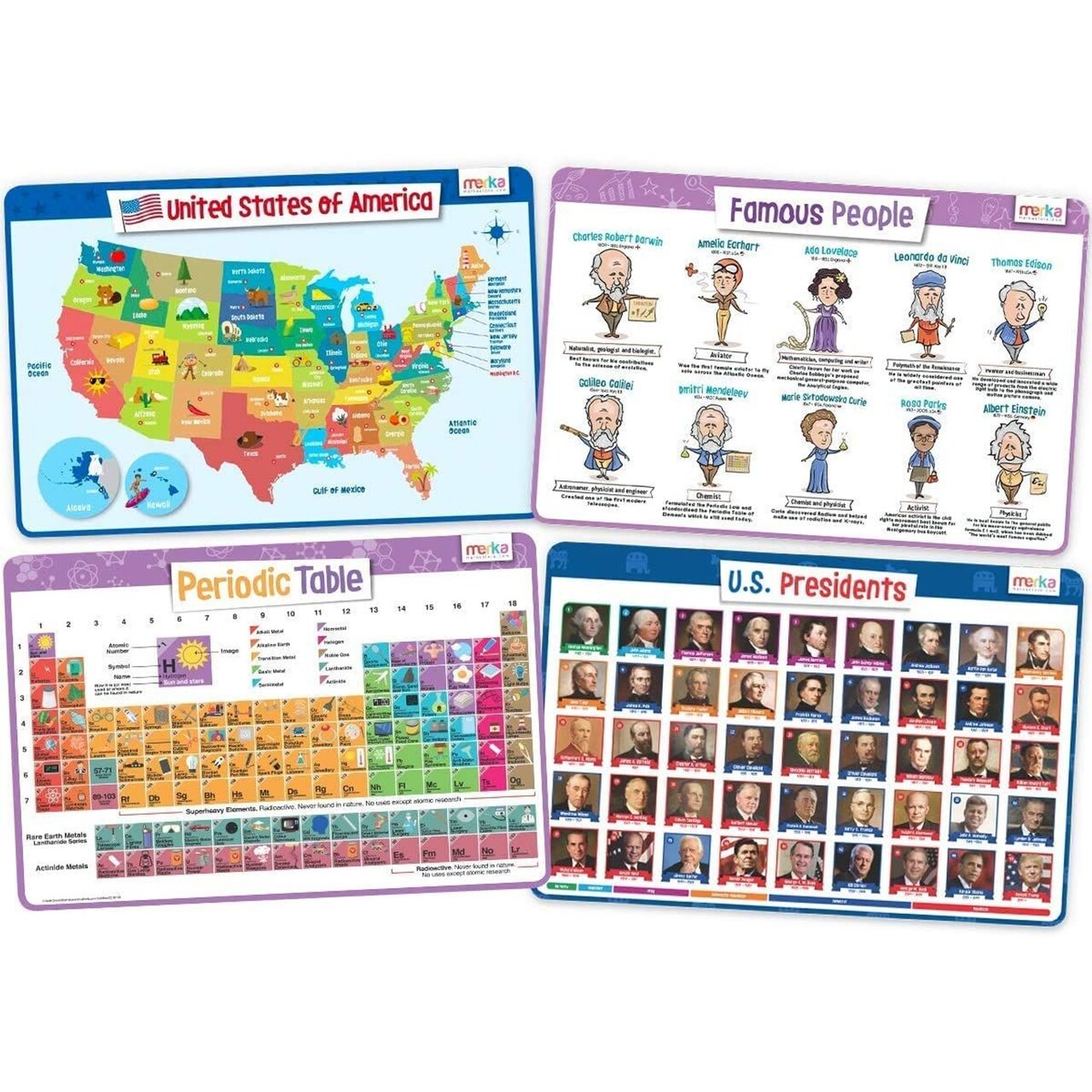 merka Placemats for Kids, 4 Pack Educational Placemat Mat for Dining Table, Non Slip, Washable Reusable, Learning US Presidents, Famous People, Periodic Table of Elements & USA Map v2